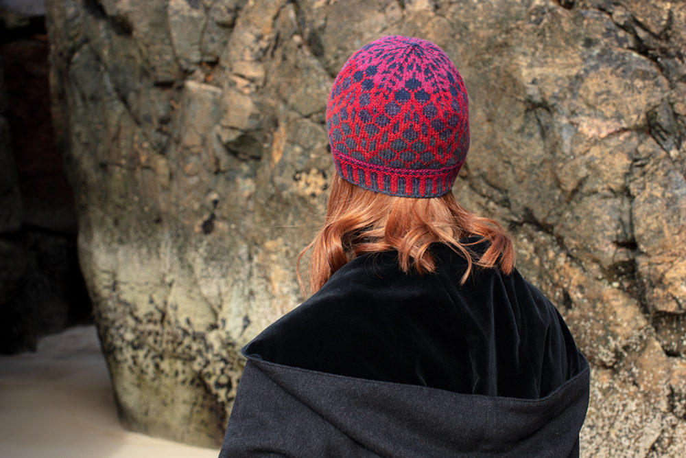 Damselfly Hat Set patterncard knitwear design in Red colourway by Alice Starmore in pure wool Hebridean 2 Ply hand knitting yarn