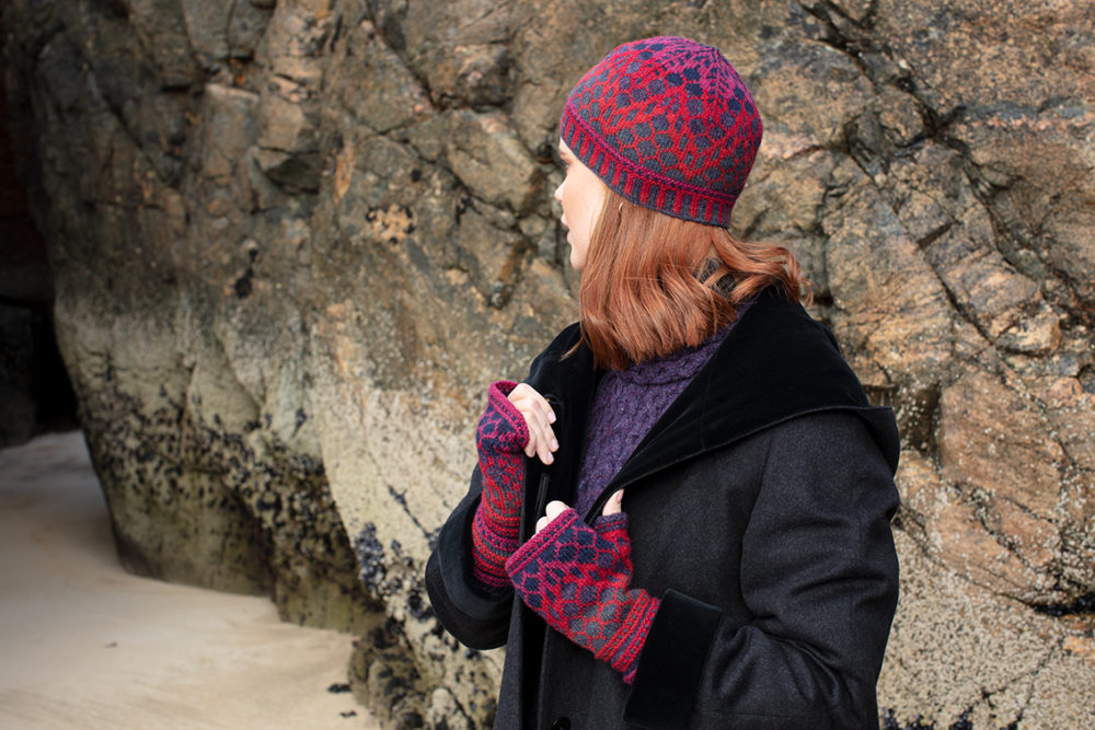 Damselfly Hat Set patterncard knitwear design in Red colourway by Alice Starmore in pure wool Hebridean 2 Ply hand knitting yarn