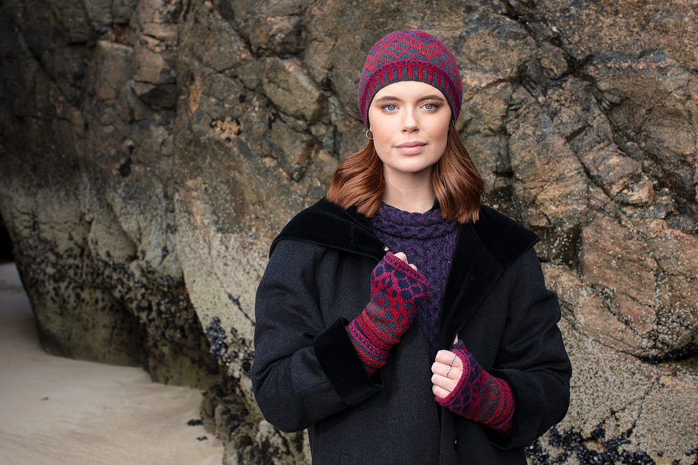 Damselfly Hat Set patterncard knitwear design in Red colourway by Alice Starmore in pure wool Hebridean 2 Ply hand knitting yarn