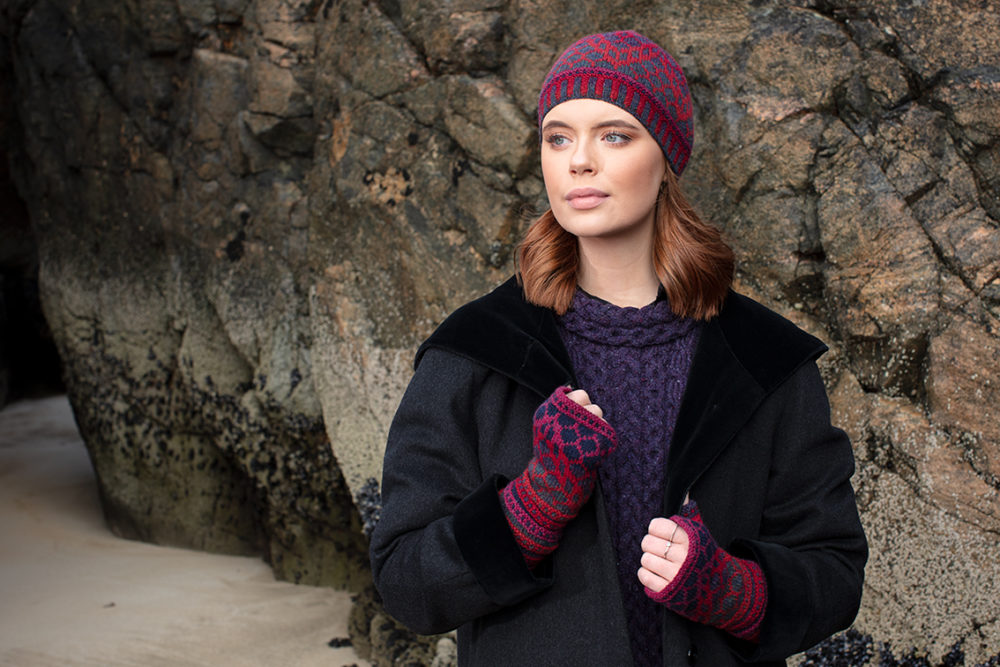 Damselfly Hat Set patterncard knitwear design in Red colourway by Alice Starmore in pure wool Hebridean 2 Ply hand knitting yarn