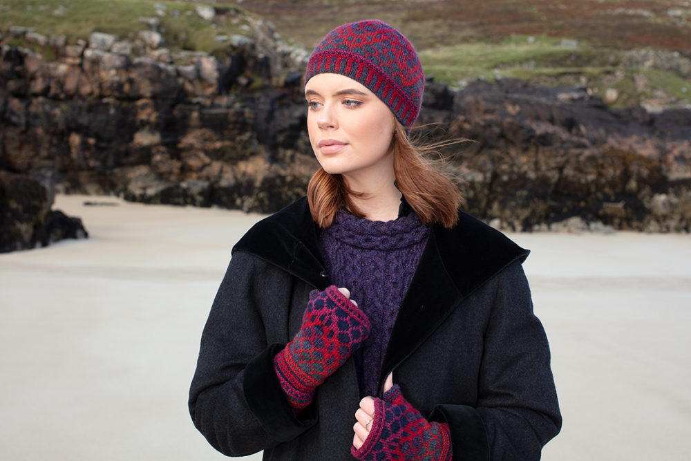 Damselfly Hat Set patterncard knitwear design in Red colourway by Alice Starmore in pure wool Hebridean 2 Ply hand knitting yarn