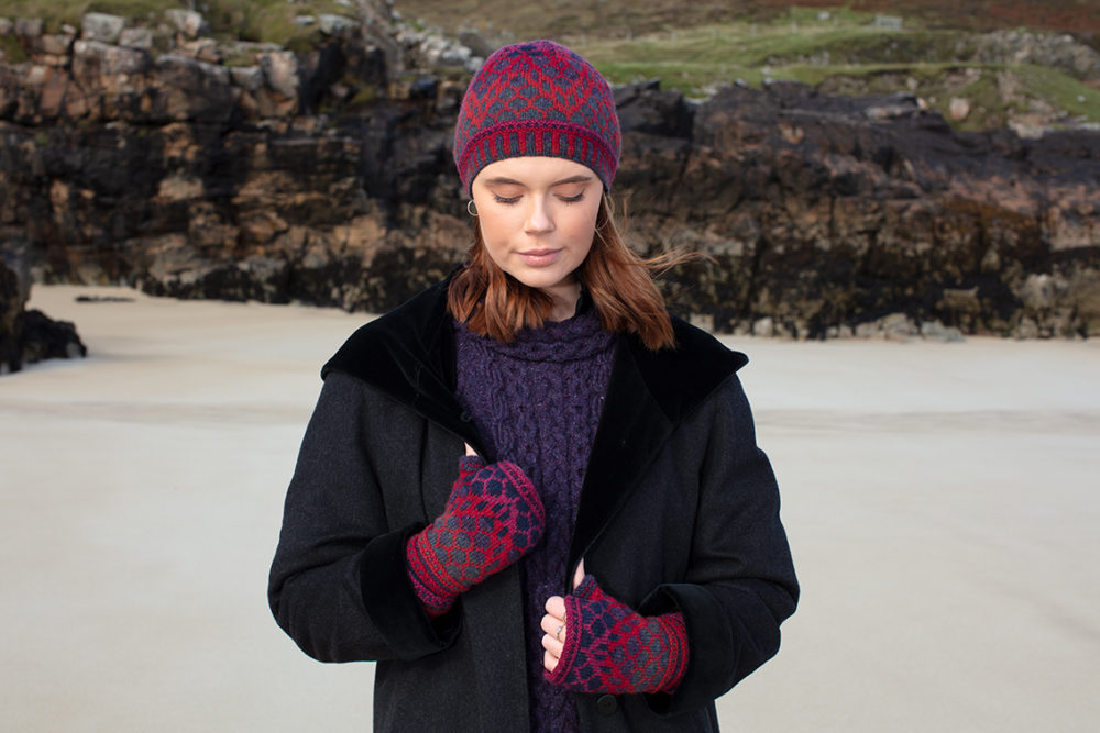 Damselfly Hat Set patterncard knitwear design in Red colourway by Alice Starmore in pure wool Hebridean 2 Ply hand knitting yarn