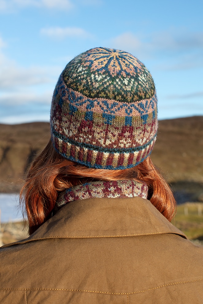Oregon Spring Hat Set patterncard knitwear design by Alice Starmore in pure wool Hebridean 2 Ply hand knitting yarn