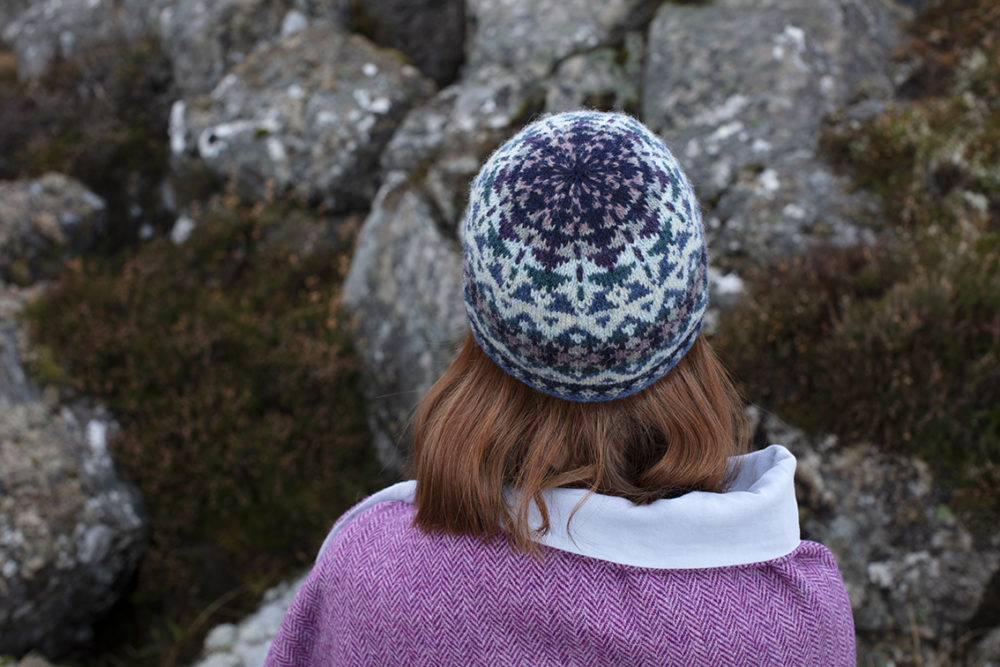 Hat Trick Hat Set patterncard knitwear design by Alice Starmore in pure wool Hebridean 2 Ply hand knitting yarn