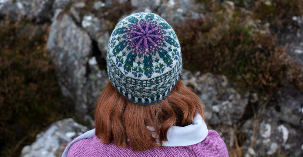 Hat Trick Hat Set patterncard knitwear design by Alice Starmore in pure wool Hebridean 2 Ply hand knitting yarn