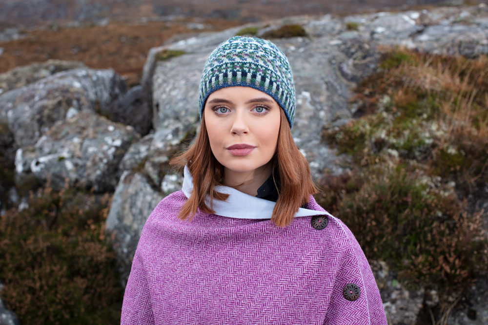 Hat Trick Hat Set patterncard knitwear design by Alice Starmore in pure wool Hebridean 2 Ply hand knitting yarn