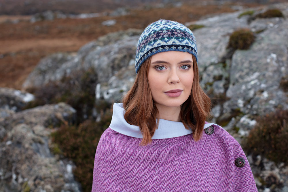 Hat Trick Hat Set patterncard knitwear design by Alice Starmore in pure wool Hebridean 2 Ply hand knitting yarn