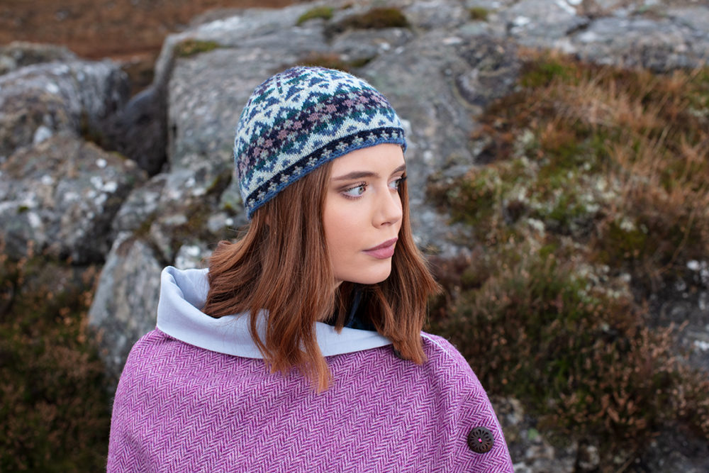 Hat Trick Hat Set patterncard knitwear design by Alice Starmore in pure wool Hebridean 2 Ply hand knitting yarn