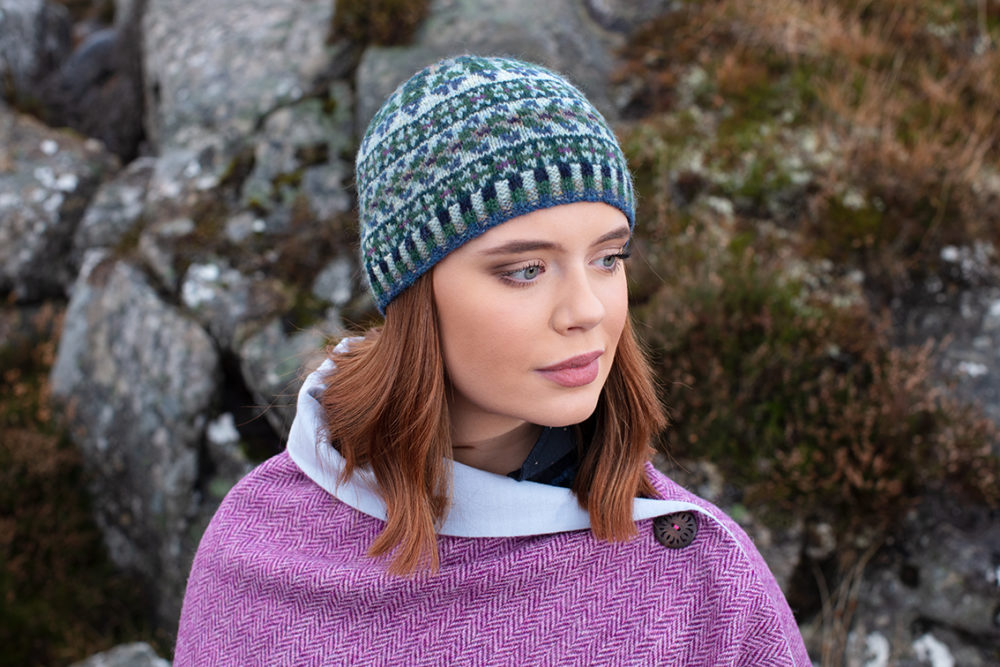 Hat Trick Hat Set patterncard knitwear design by Alice Starmore in pure wool Hebridean 2 Ply hand knitting yarn