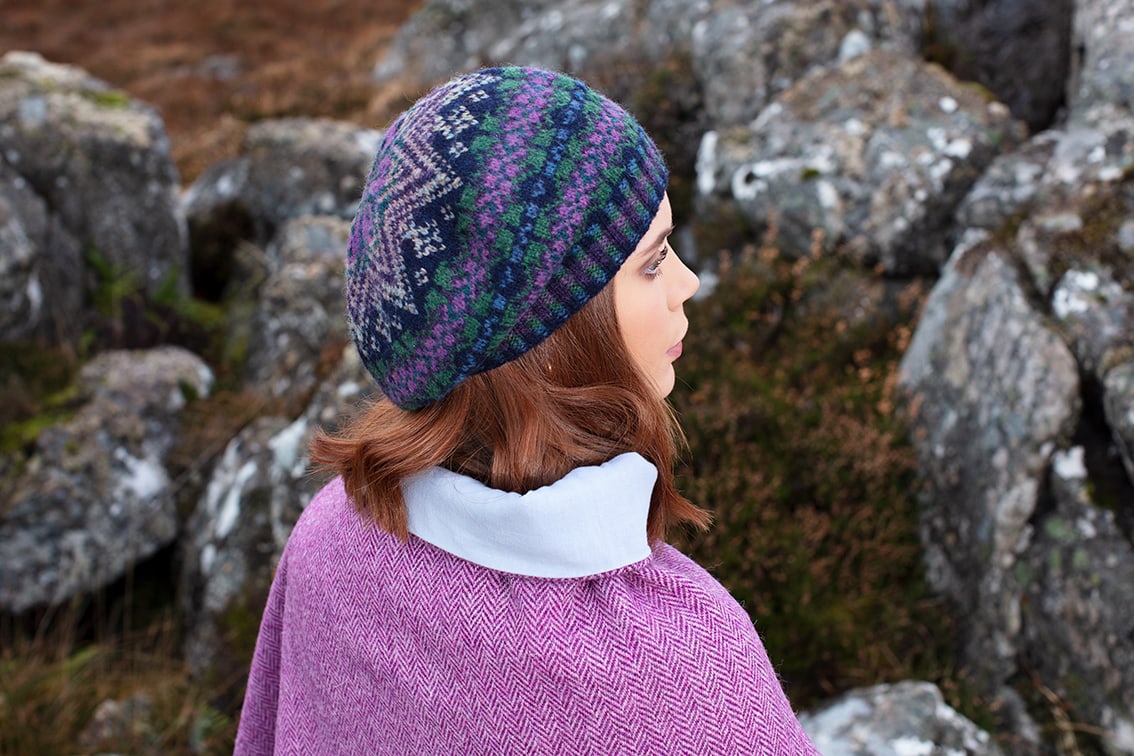 Hat Trick Hat Set patterncard knitwear design by Alice Starmore in pure wool Hebridean 2 Ply hand knitting yarn