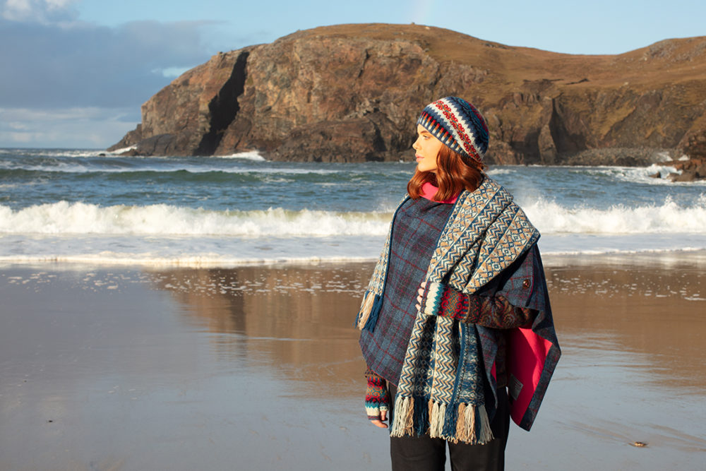 Wave Hat Set, Ripple Wrap and Donegal patterncard knitwear designs by Alice Starmore in pure wool Hebridean 2 Ply hand knitting yarn