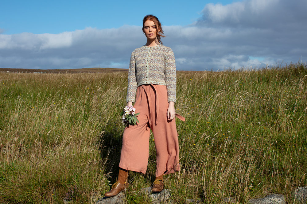 Delta Cropped patterncard knitwear design by Jade Starmore in pure wool Hebridean 2 Ply hand knitting yarn