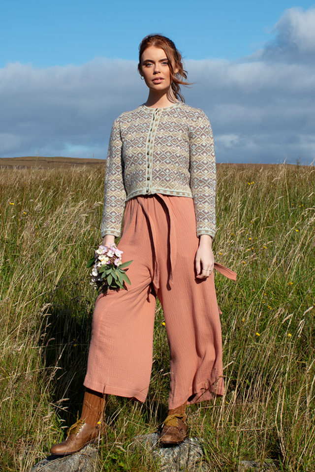 Delta Cropped patterncard knitwear design by Jade Starmore in pure wool Hebridean 2 Ply hand knitting yarn