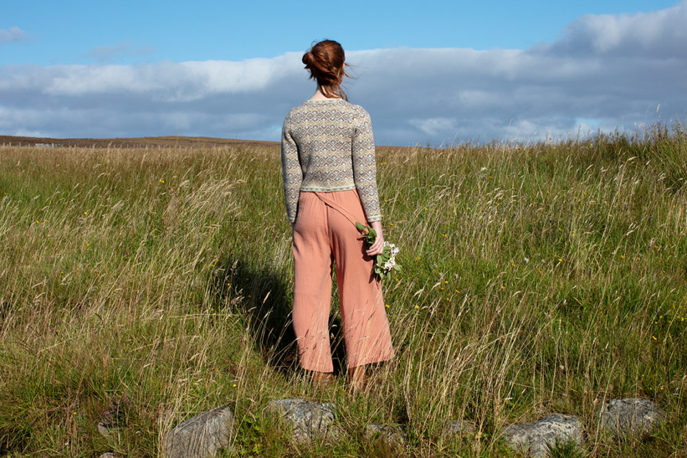 Delta Cropped patterncard knitwear design by Jade Starmore in pure wool Hebridean 2 Ply hand knitting yarn