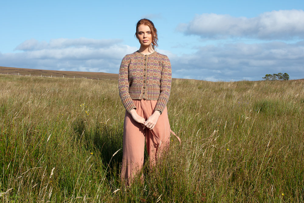 Meadowsweet patterncard knitwear design by Alice Starmore in pure wool Hebridean 2 Ply hand knitting yarn