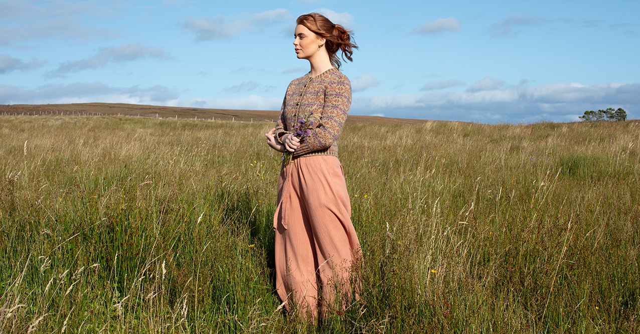 Meadowsweet patterncard knitwear design by Alice Starmore in pure wool Hebridean 2 Ply hand knitting yarn