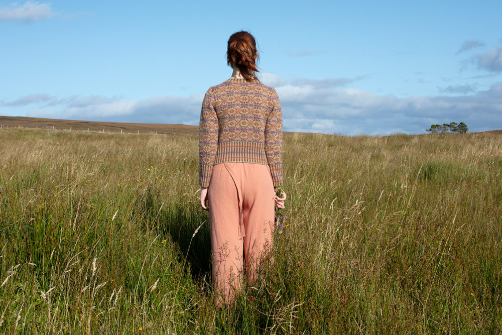 Meadowsweet patterncard knitwear design by Alice Starmore in pure wool Hebridean 2 Ply hand knitting yarn