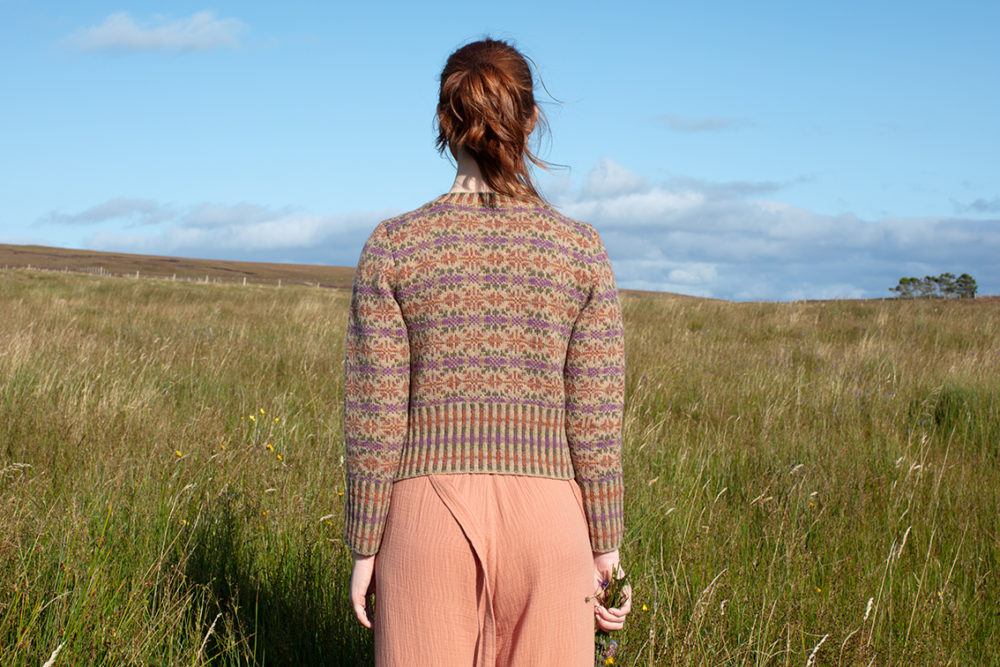 Meadowsweet patterncard knitwear design by Alice Starmore in pure wool Hebridean 2 Ply hand knitting yarn