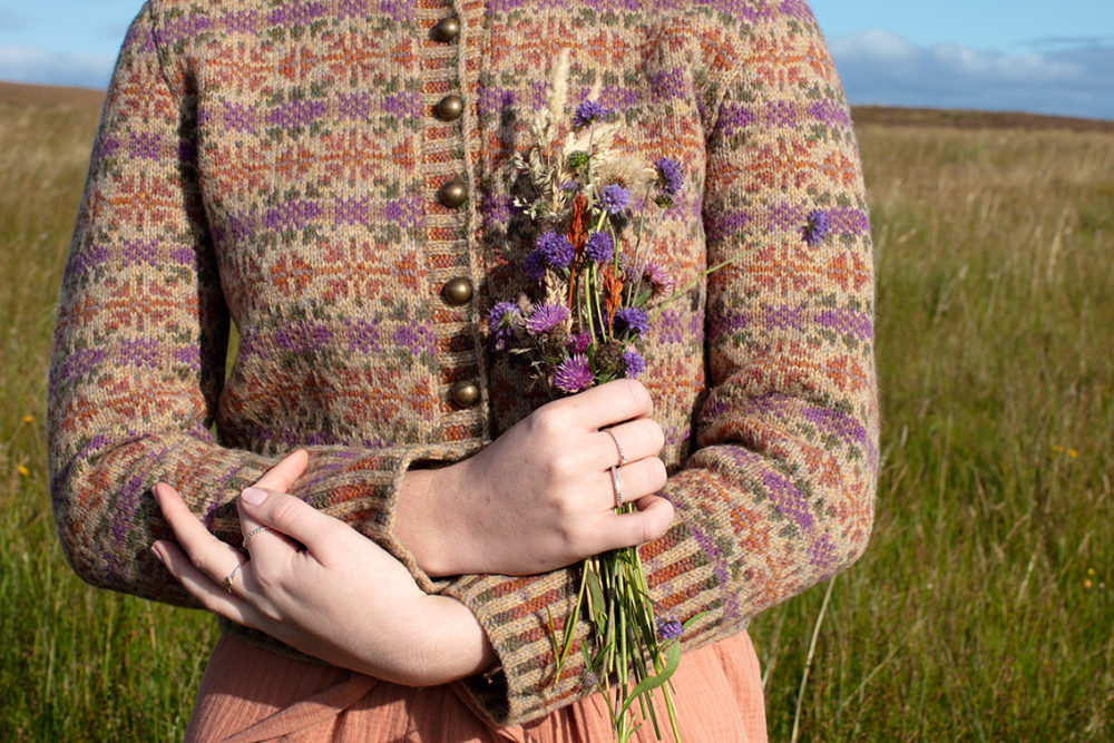 Meadowsweet patterncard knitwear design by Alice Starmore in pure wool Hebridean 2 Ply hand knitting yarn