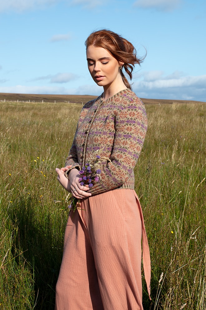 Meadowsweet patterncard knitwear design by Alice Starmore in pure wool Hebridean 2 Ply hand knitting yarn