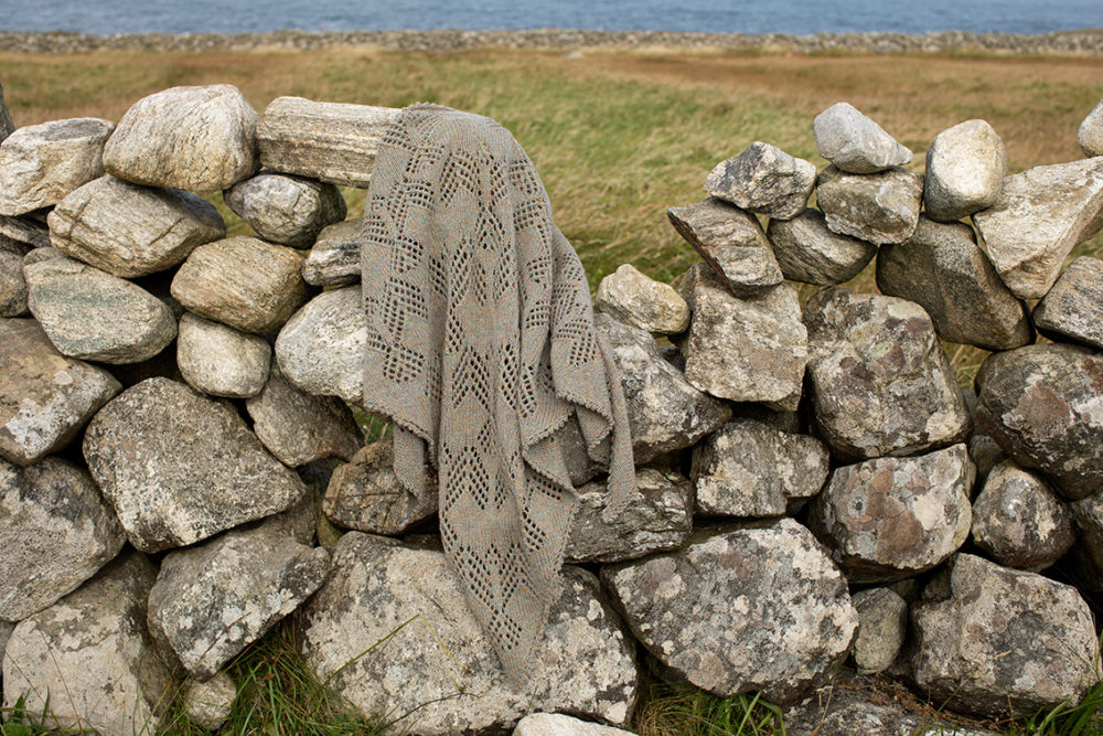 Sulaire Shawl patterncard kit design by Alice Starmore Hebridean 2 Ply yarn in Pebble Beach