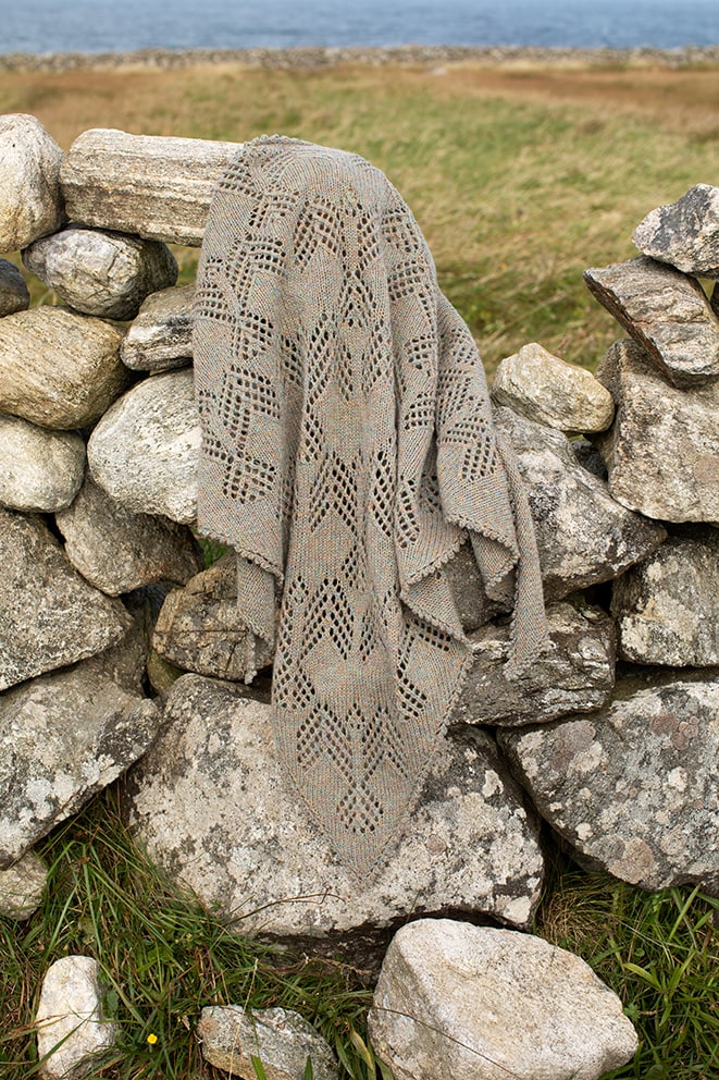 Sulaire Shawl patterncard kit design by Alice Starmore Hebridean 2 Ply yarn in Pebble Beach