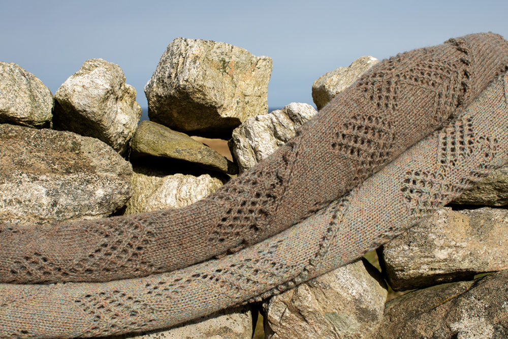 Sulaire Shawl patterncard kit design by Alice Starmore in Hiort yarn and Hebridean Pebble Beach yarn