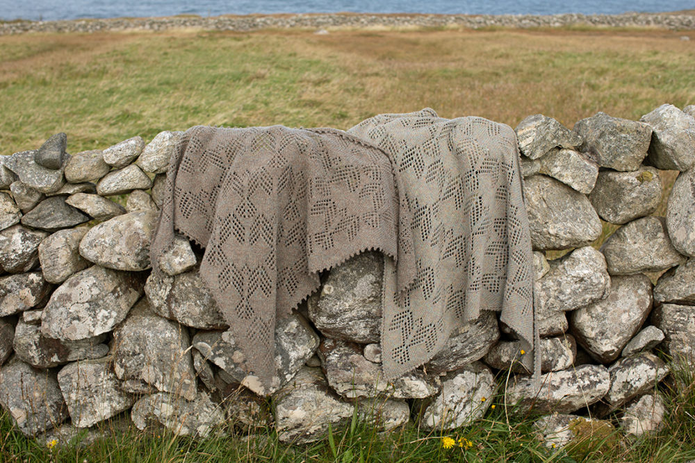 Sulaire Shawl patterncard kit design by Alice Starmore in Hiort yarn and Hebridean Pebble Beach yarn