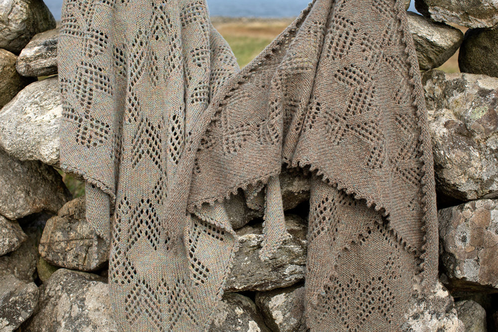 Sulaire Shawl patterncard kit design by Alice Starmore in Hiort yarn and Hebridean Pebble Beach yarn