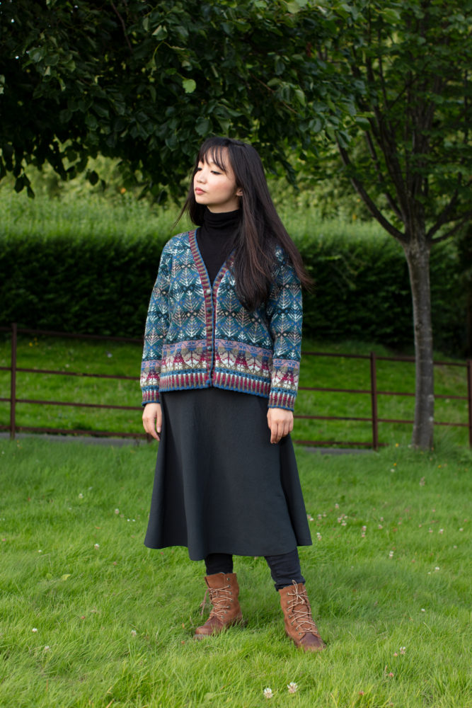Oregon Spring Cardigan patterncard kit design by Alice Starmore in Hebridean 2 Ply yarn