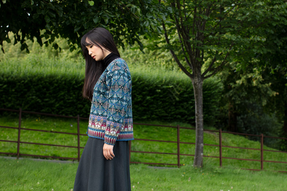 Oregon Spring Cardigan patterncard kit design by Alice Starmore in Hebridean 2 Ply yarn
