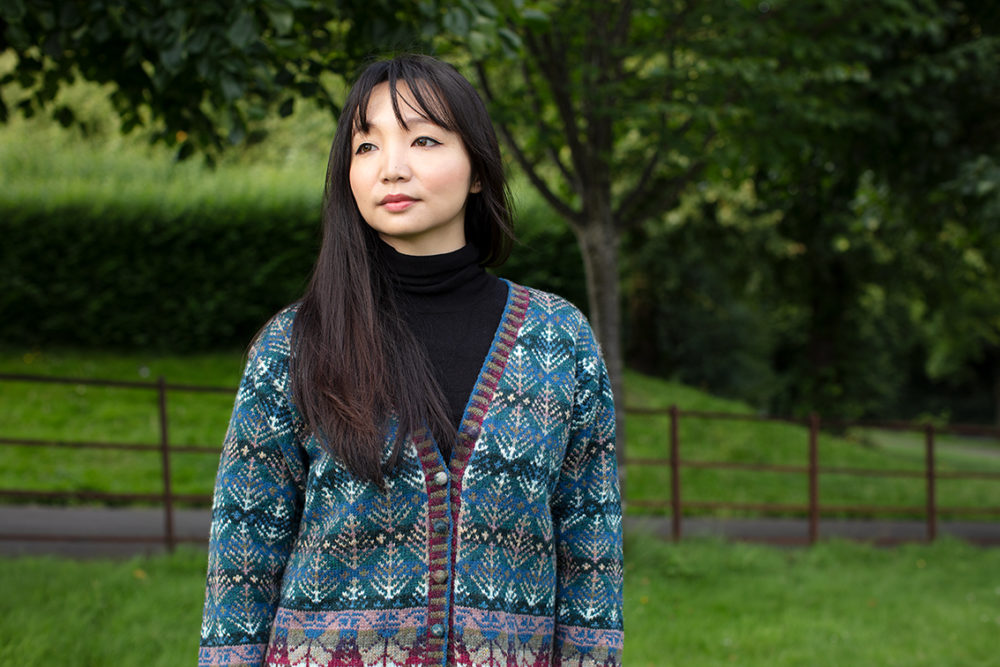 Oregon Spring Cardigan patterncard kit design by Alice Starmore in Hebridean 2 Ply yarn