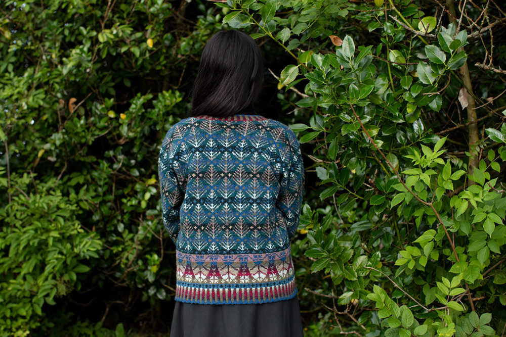 Oregon Spring Cardigan patterncard kit design by Alice Starmore in Hebridean 2 Ply yarn
