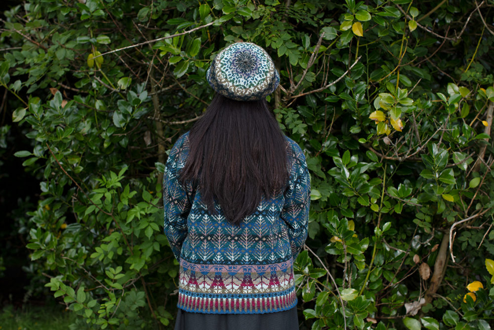Oregon Spring Cardigan patterncard kit design by Alice Starmore in Hebridean 2 Ply yarn