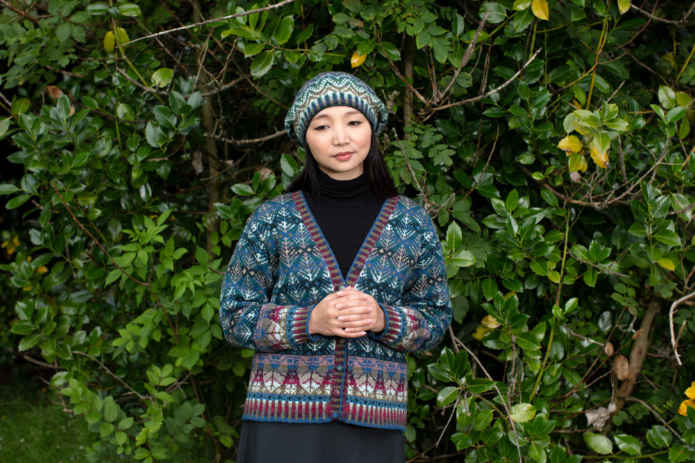 Oregon Spring Cardigan patterncard kit design by Alice Starmore in Hebridean 2 Ply yarn