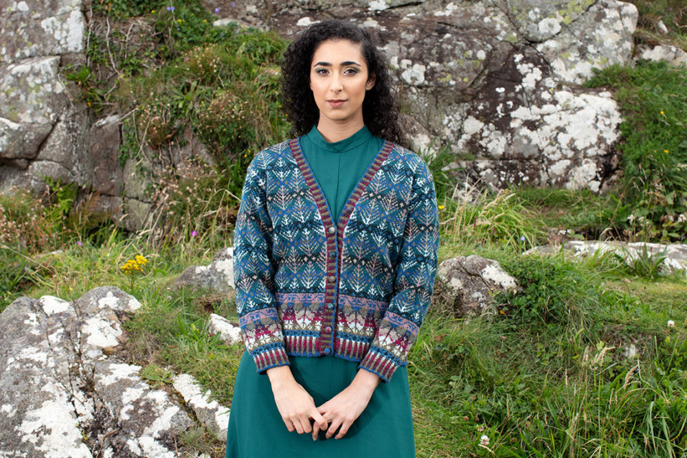 Oregon Spring Cardigan patterncard kit design by Alice Starmore in Hebridean 2 Ply yarn