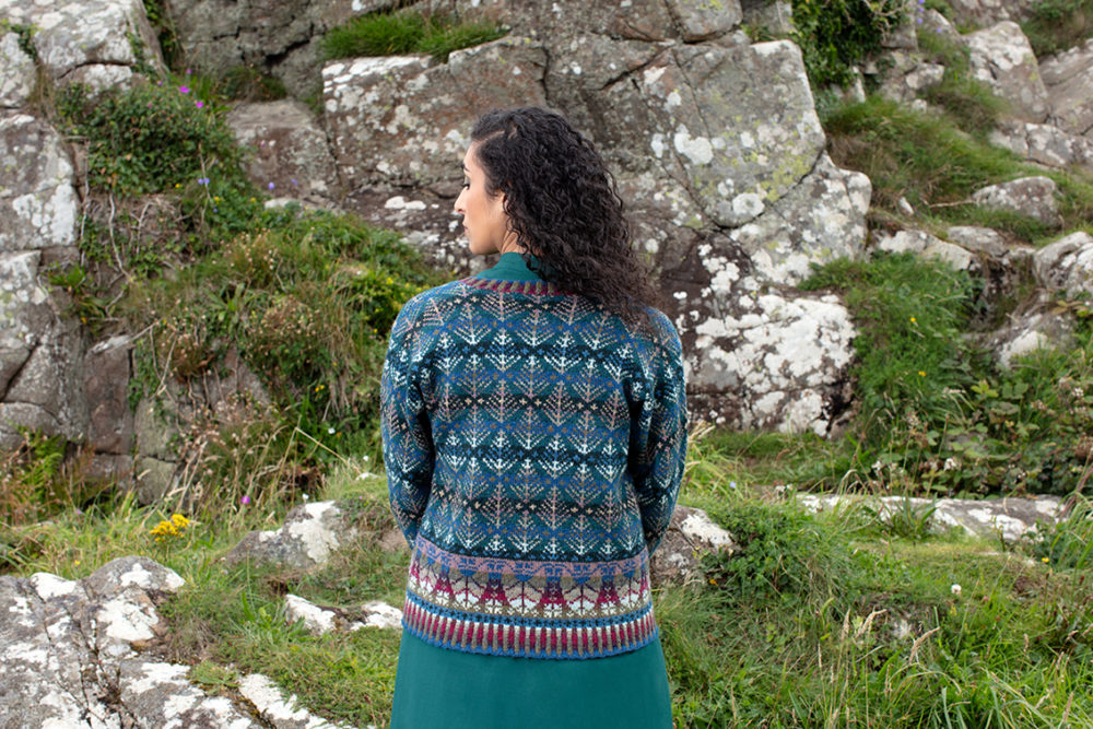 Oregon Spring Cardigan patterncard kit design by Alice Starmore in Hebridean 2 Ply yarn