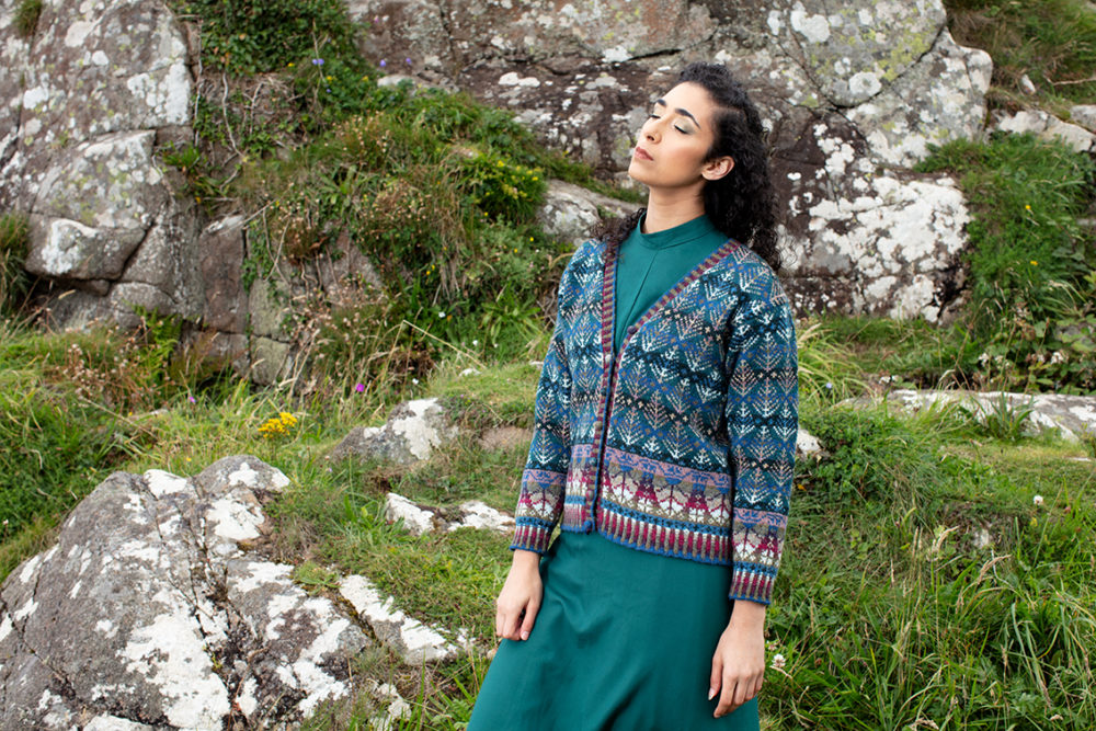 Oregon Spring Cardigan patterncard kit design by Alice Starmore in Hebridean 2 Ply yarn