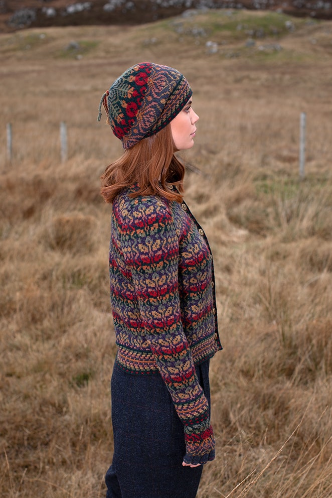 Jacobite Rose Hat Set and Cardigan patterncard kit designs by Alice Starmore in Hebridean 2 Ply yarn
