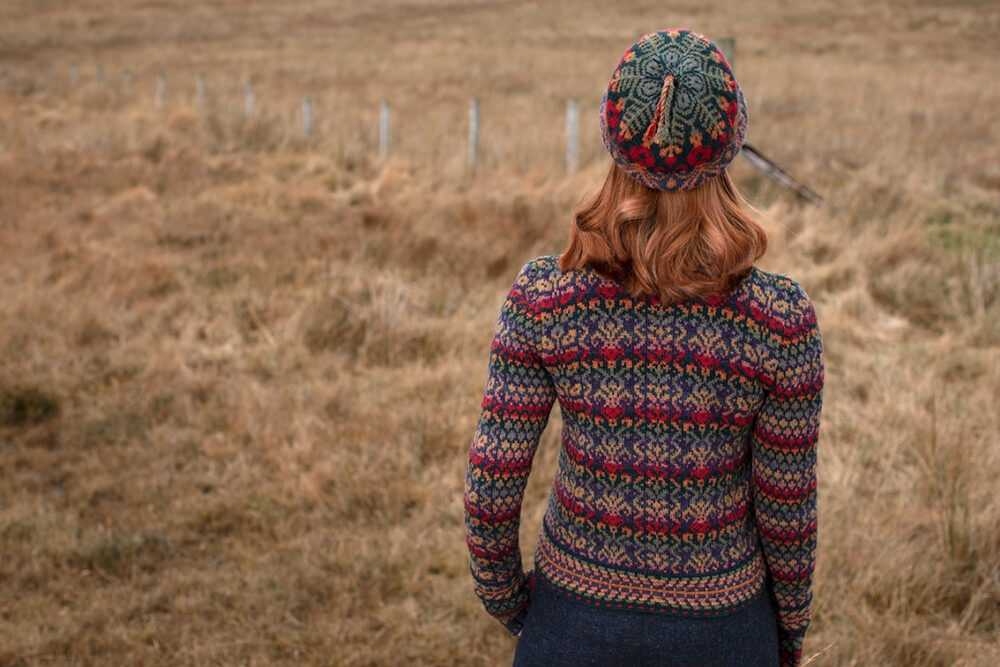 Jacobite Rose Hat Set and Cardigan patterncard kit designs by Alice Starmore in Hebridean 2 Ply yarn