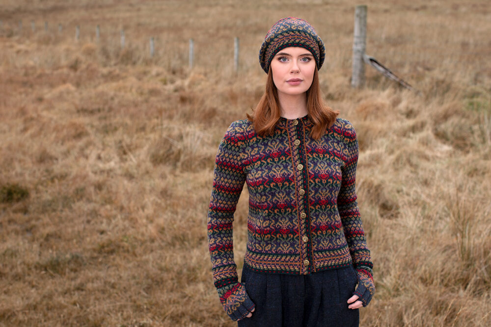 Jacobite Rose Hat Set and Cardigan patterncard kit designs by Alice Starmore in Hebridean 2 Ply yarn