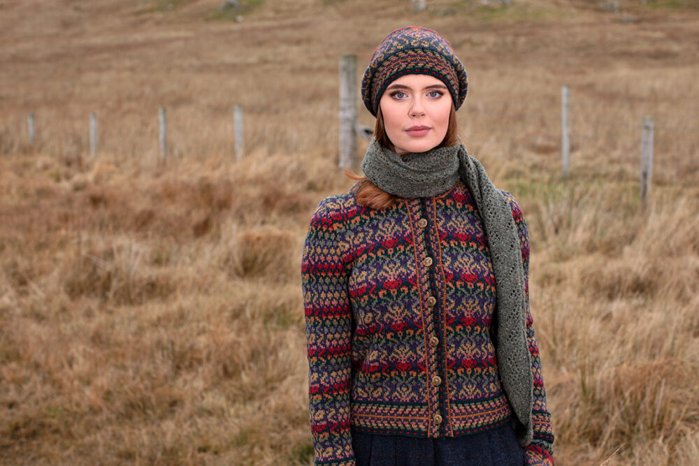 Jacobite Rose Hat Set and Cardigan patterncard kit designs by Alice Starmore in Hebridean 2 Ply yarn