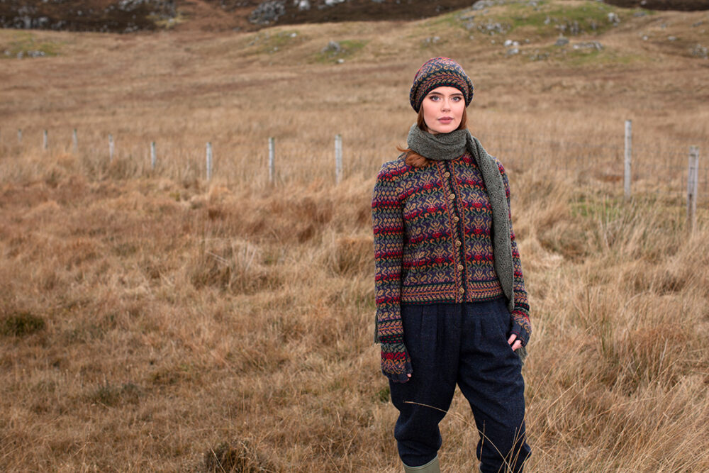 Jacobite Rose Hat Set and Cardigan patterncard kit designs by Alice Starmore in Hebridean 2 Ply yarn