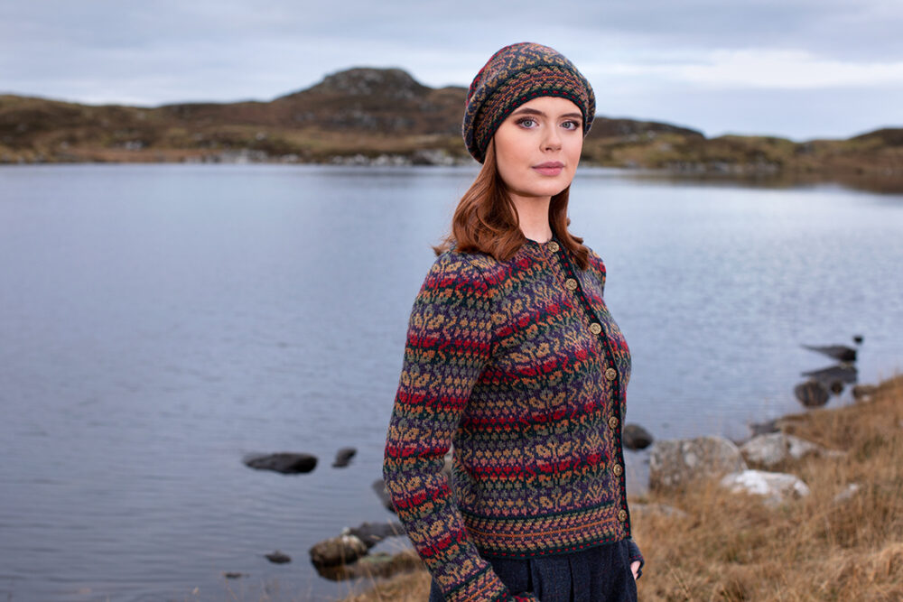 Jacobite Rose Hat Set and Cardigan patterncard kit designs by Alice Starmore in Hebridean 2 Ply yarn