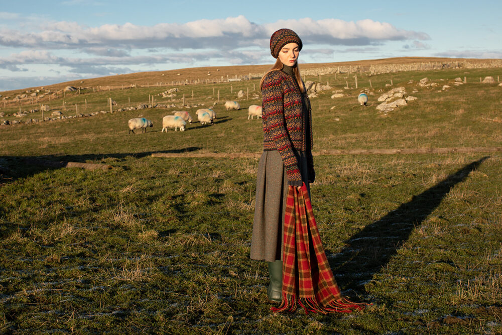 Jacobite Rose Hat Set and Cardigan patterncard kit designs by Alice Starmore in Hebridean 2 Ply yarn