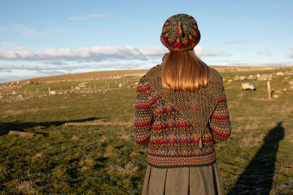 Jacobite Rose Hat Set and Cardigan patterncard kit designs by Alice Starmore in Hebridean 2 Ply yarn