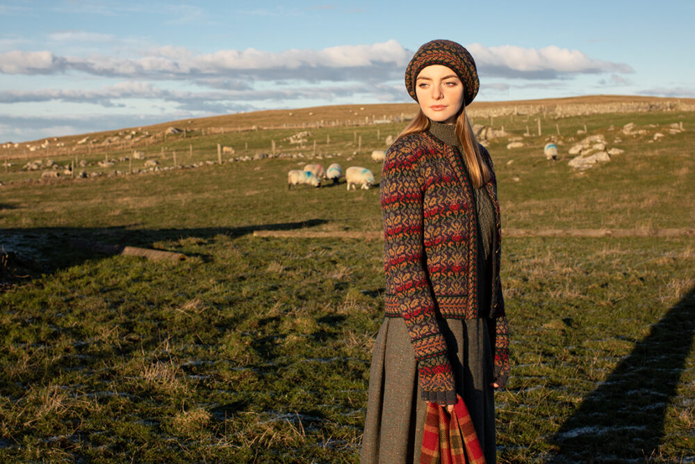 Jacobite Rose Hat Set and Cardigan patterncard kit designs by Alice Starmore in Hebridean 2 Ply yarn