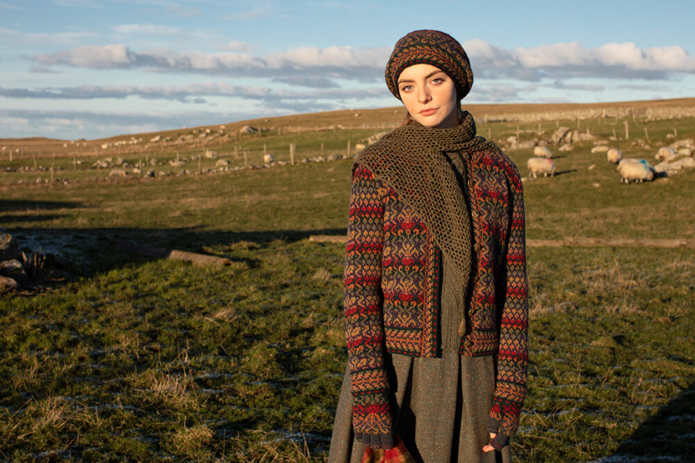 Jacobite Rose Hat Set and Cardigan patterncard kit designs by Alice Starmore in Hebridean 2 Ply yarn