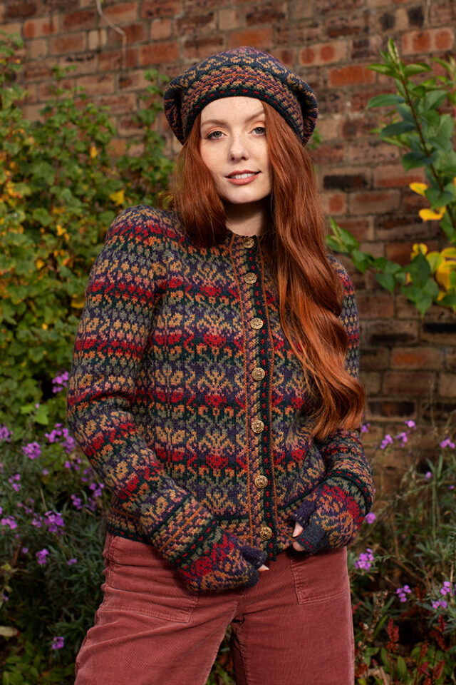 The Red Jacobite Rose Cardgian and Hat Set patterncard kit designs by Alice Starmore in Hebridean 2 Ply