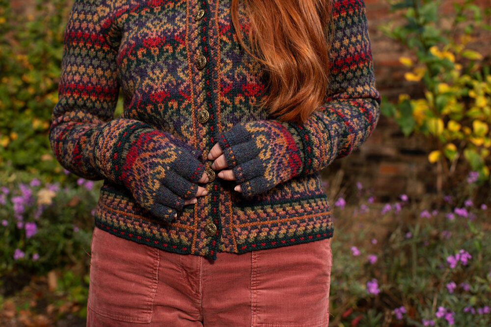 The Red Jacobite Rose Cardgian and Hat Set patterncard kit designs by Alice Starmore in Hebridean 2 Ply